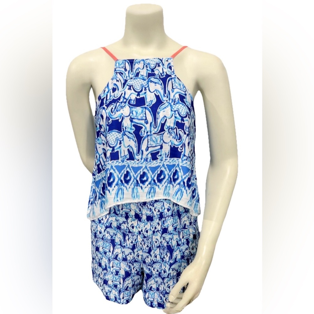 Lilly Pulitzer Blue Elephant Print Romper Sleeveless Shorts Women’s Size 0